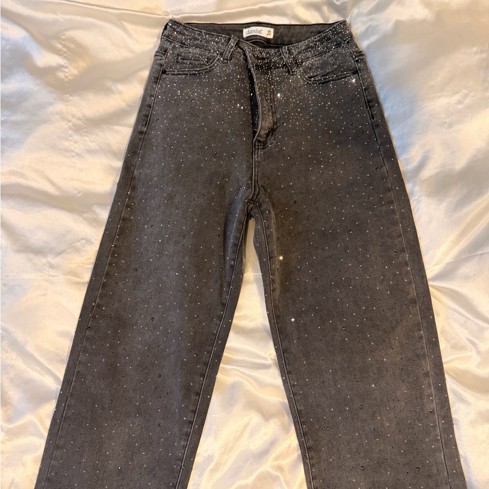 Elegant Black Studded Straight Leg Jeans